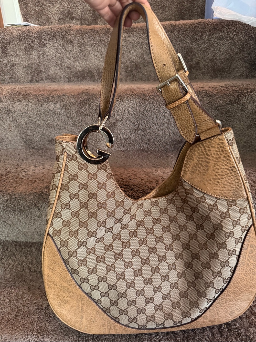 Brown Canvas Shoulder Bag with Gold G Charm Accent